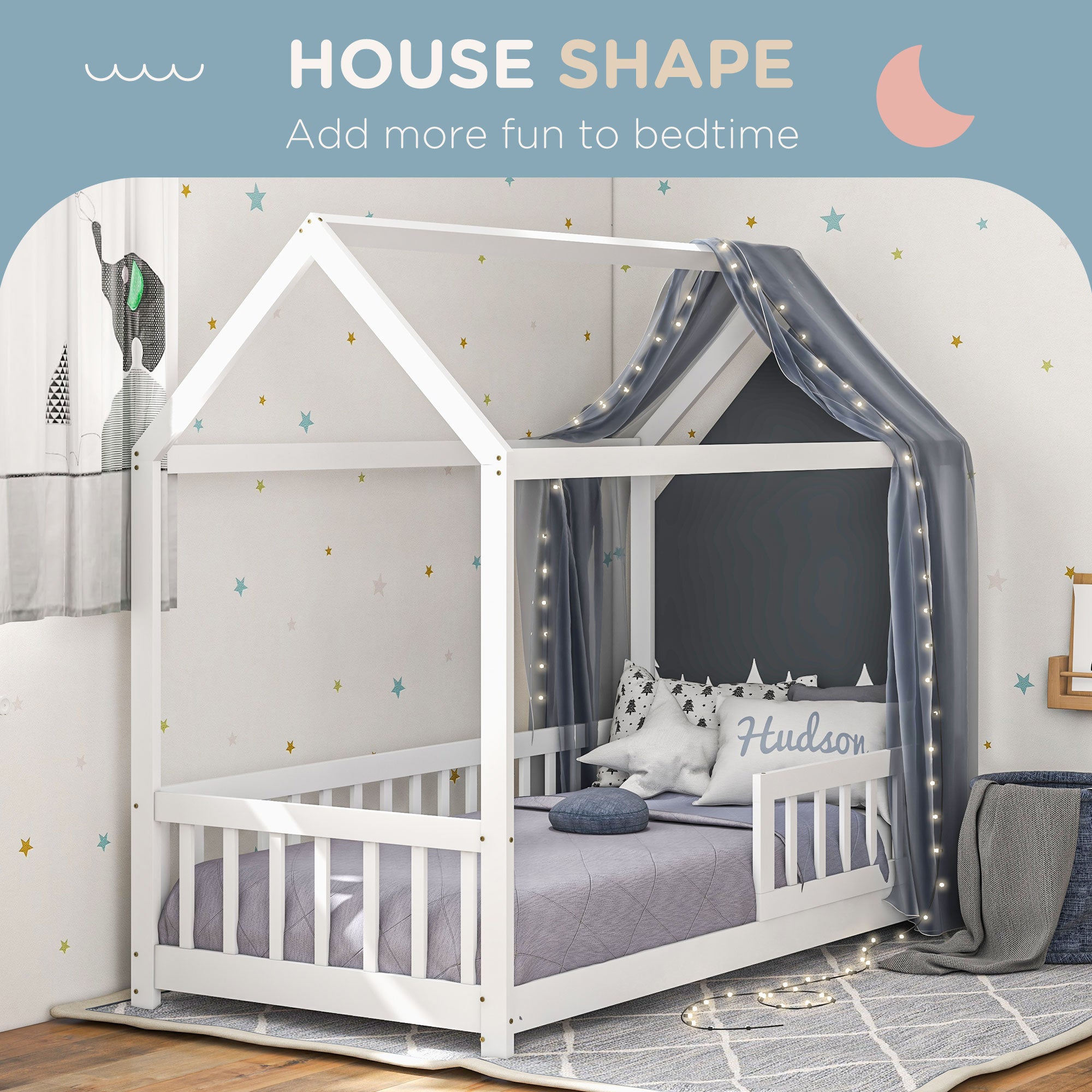 House-Shaped Kids Bed Frame with Safety Fence, Solid Pine Wood Single Bed Frame for Kids Boys and Girls