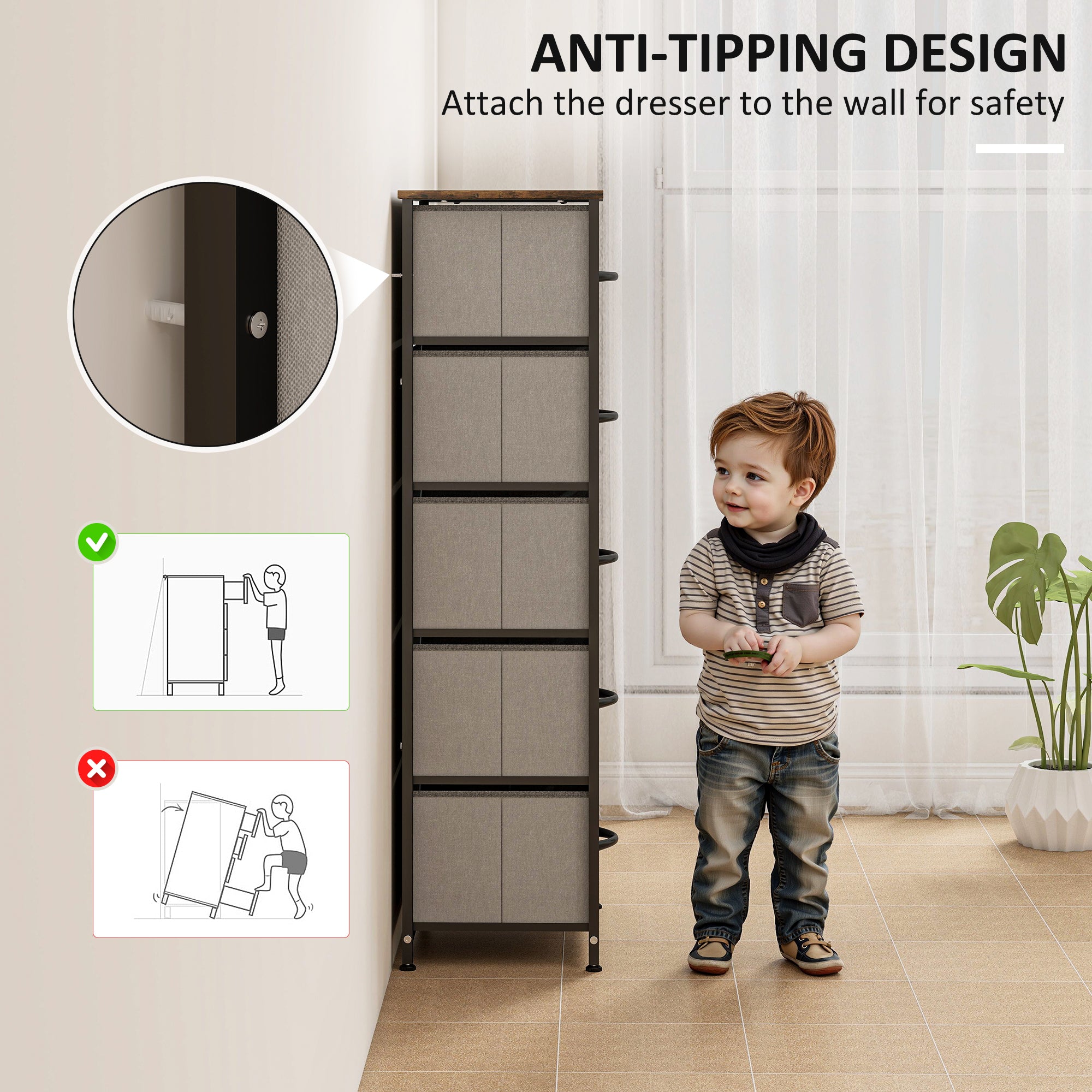 Fabric Chest of Drawers, Industrial Bedroom Dresser with 5 Fabric Drawers, Steel Frame and Wooden Top for Nursery, Living Room, Hallway, Rustic Brown and Grey