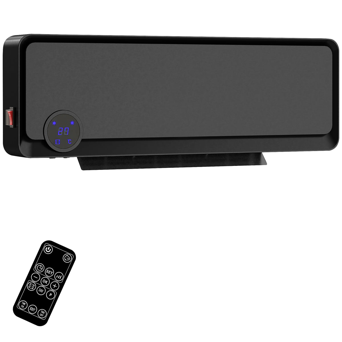 Fynco - Wall Downflow Heater 2 Heat and Fan 1000W/2000W, Electric Space Heater with Timer Remote Oscillating, for Bedroom Home Office, Black