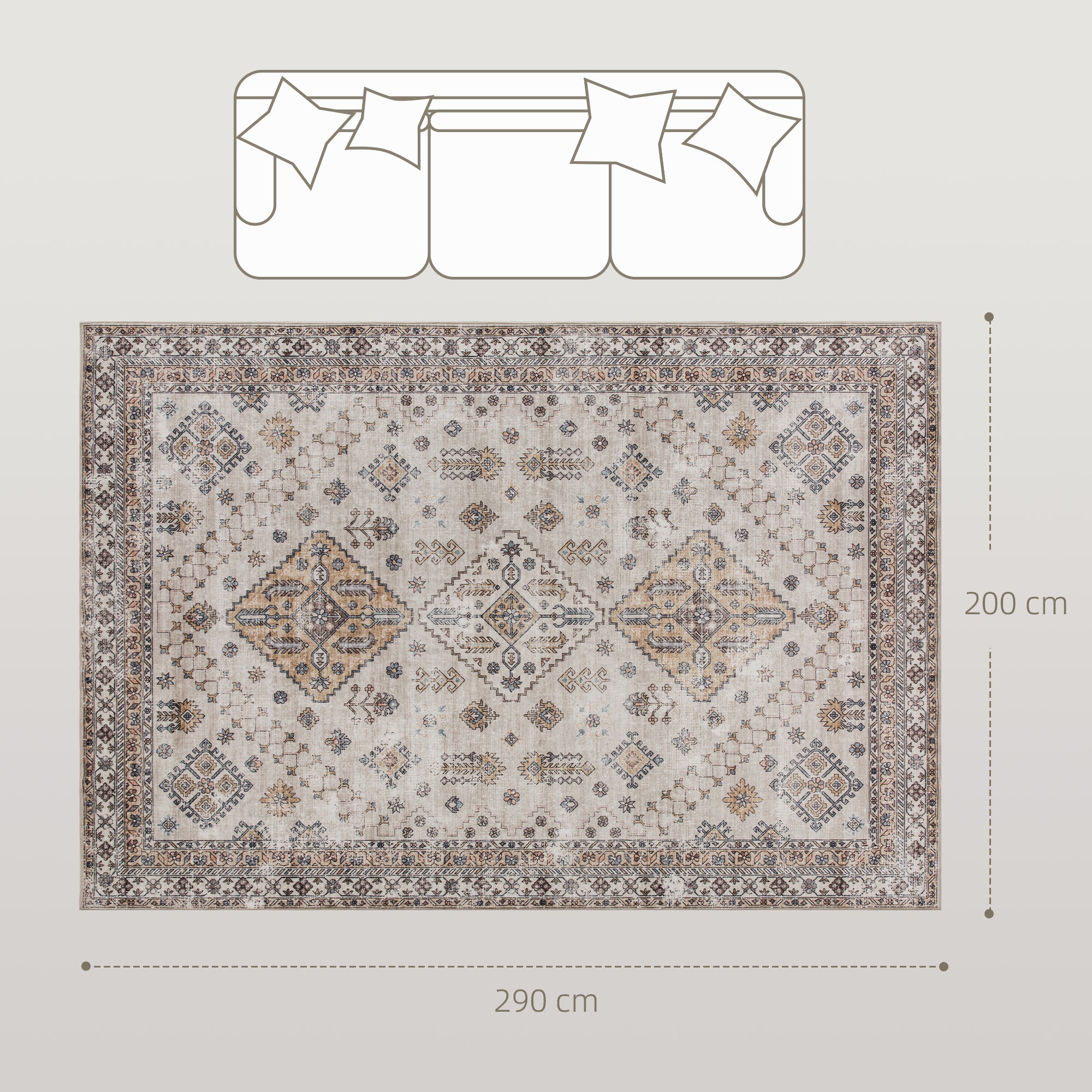 Fynco - Vintage Area Rug, Non-Slip Washable Rug, Flannel Floor Carpet for Living Room, Bedroom, Dining Room, Home Office, 290 x 200 cm, Beige