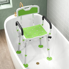 Fynco - EVA Padded Shower Chair for the Elderly and Disabled, Height Adjustable Shower Stool with Back and Arms, 4 Suction Foot Pads, Green