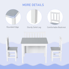 4-Piece Kids Table and Chair Set with 2 Wooden Chairs, 1 Storage Bench, and Interesting Modern Design, Grey/White