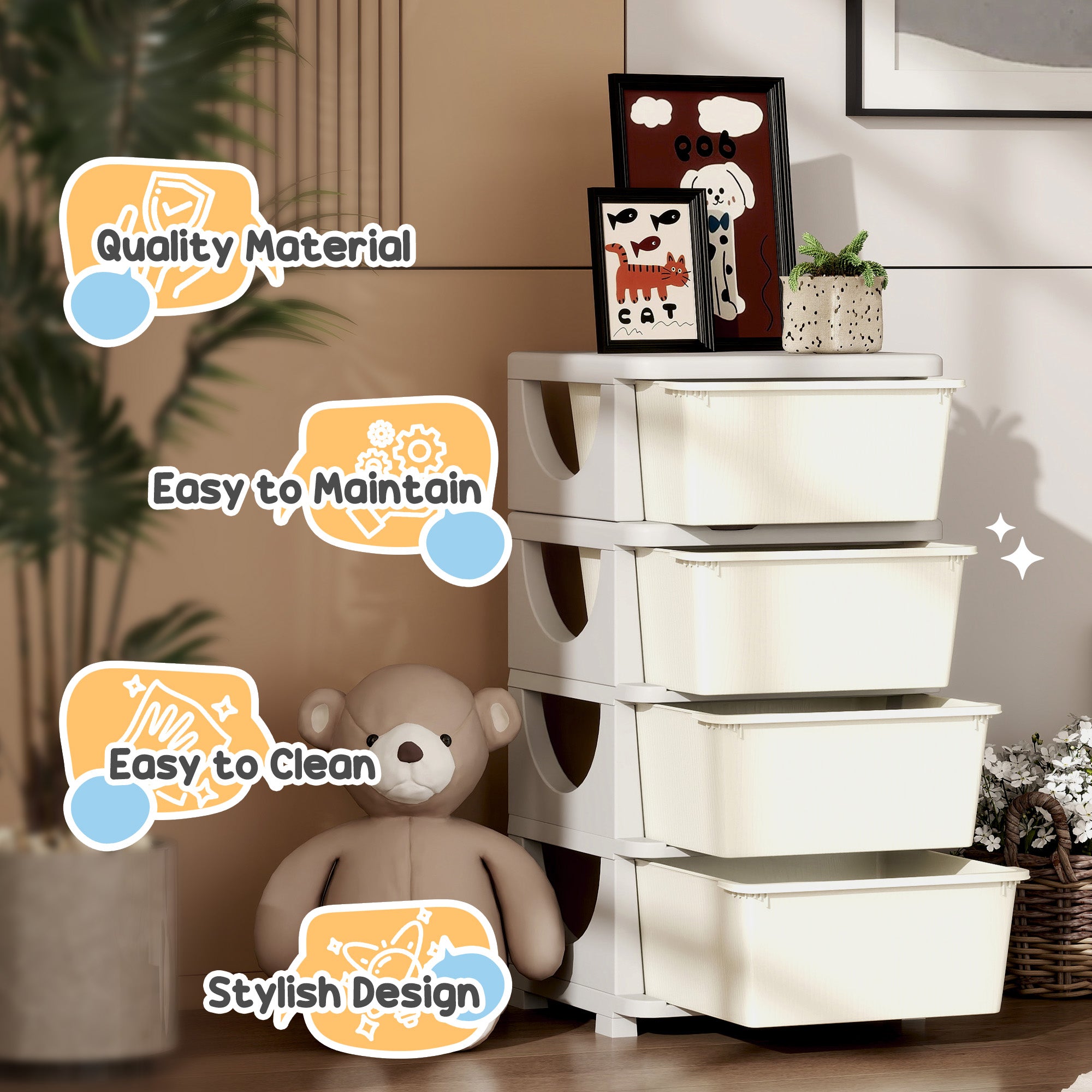 Four-Tier Kids Storage Boxes, with Four Drawers - White