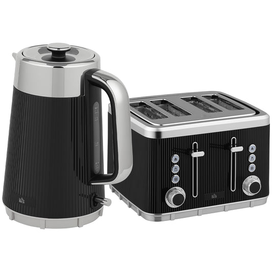 Electric Kettle and Toaster Set, 3000W 1.7L UK Strix Thermostat Rapid Boil Jug Kettle with Limescale Filter, Cool Touch Body, 4 Slice Toaster with 7 Browning Controls, Crumb Tray, Black