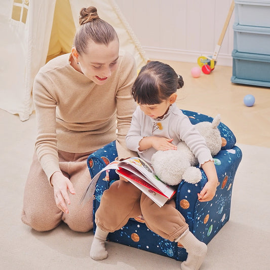 Kids Planet-Themed Armchair, with Non-Slip Feet, Wooden Frame - Blue