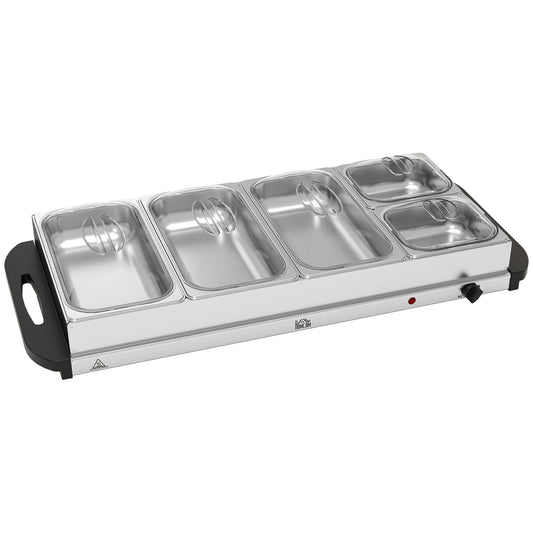 Electric Food Warmer 5 Tray, 9.2L Portable Buffet Server and Warming Tray with Lids, Adjustable Temperature Control and Cool Touch Handles, 450W, 3 x 2.4L and 2 x 1L, Silver Tone