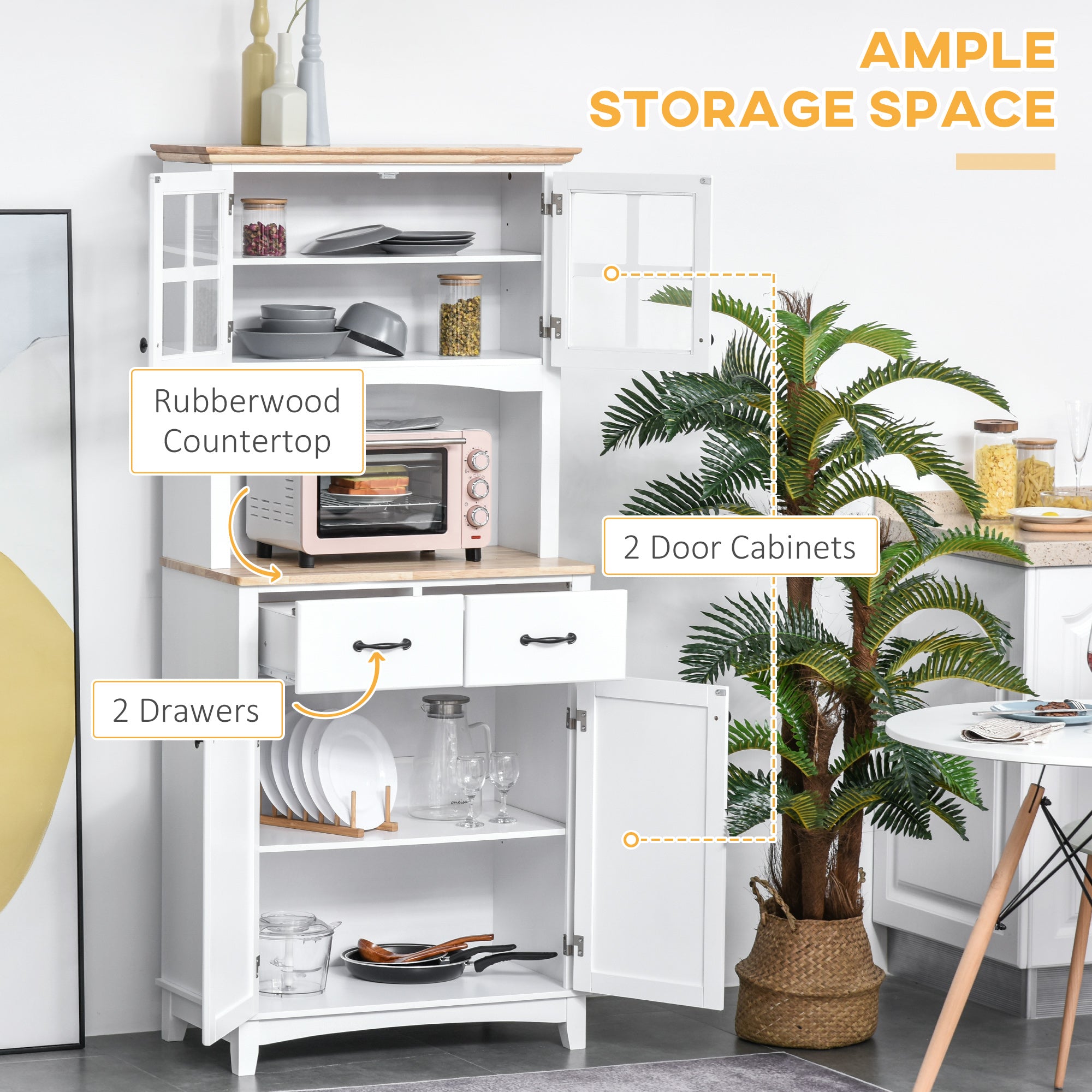 Freestanding Kitchen Cupboard, Kitchen Storage Cabinet with Framed Glass Doors, 2 Drawers, Microwave Counter, White