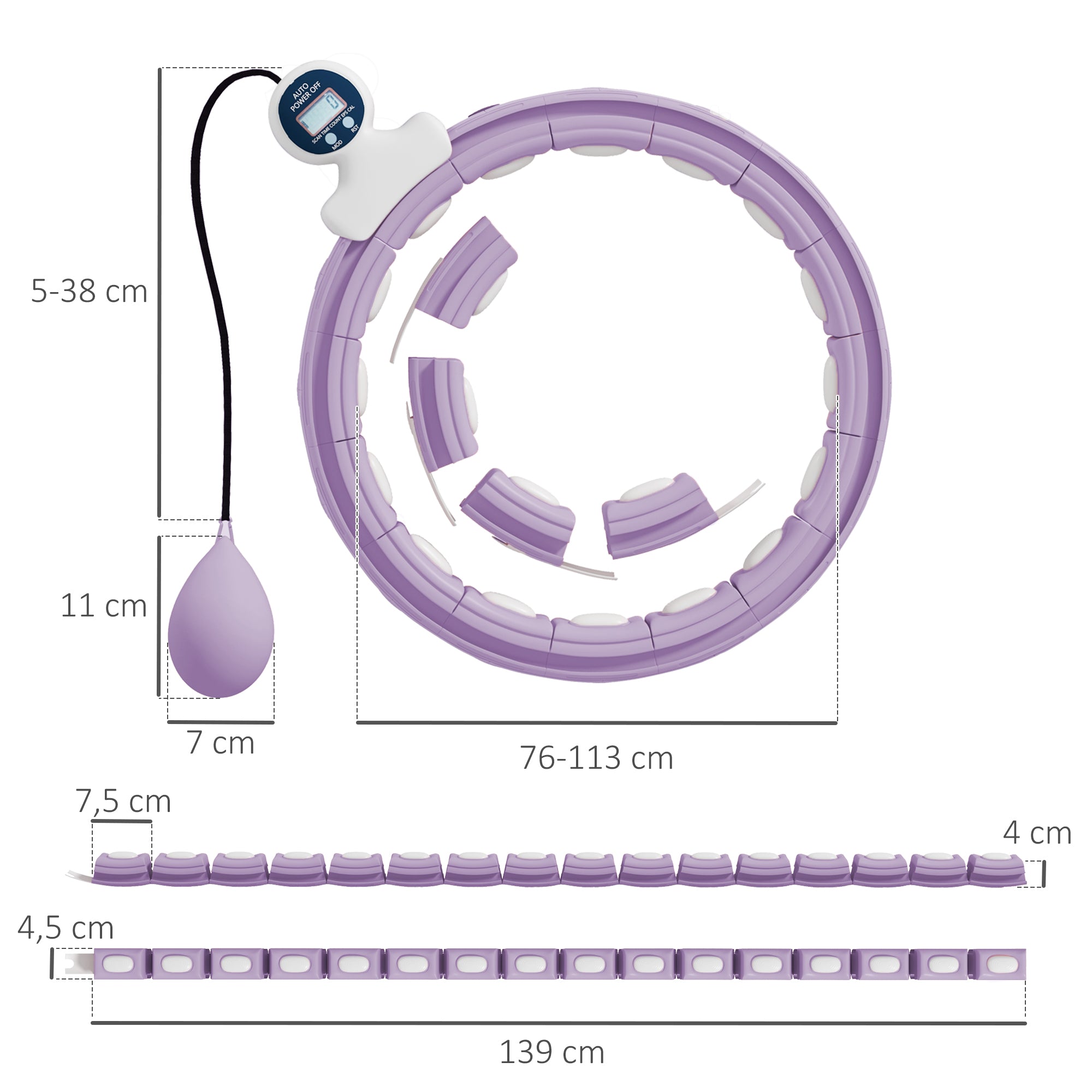 SPORTNOW Smart Weighted Hula Hoop, Massage Hula Ring w/ 16 Detachable Knots, 360° Auto-Rotating Ball, Digital Counter, Purple