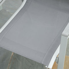 7 Pieces Garden Dining Set, Outdoor Table and 6 Armchairs, Aluminium Frame, Slatted Wood Grain Plastic Top Table, Breathable Mesh Fabric Seats and Backrest, Light Grey