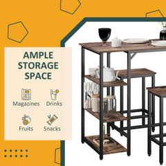Industrial Bar Height Dining Table Set With 2 Stools & Side Shelf, 3 Pieces Coffee Table for Dining Room, Kitchen, Dinette