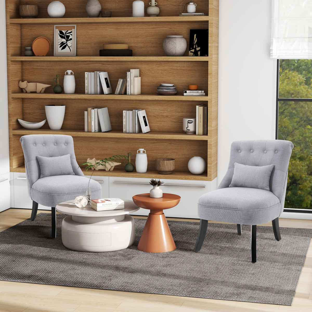Fabric Single Sofa, Tub Chair, Upholstered Bedroom Chair with Pillow, Solid Wood Leg for Home, Living Room, Dining Room, Set of 2, Grey