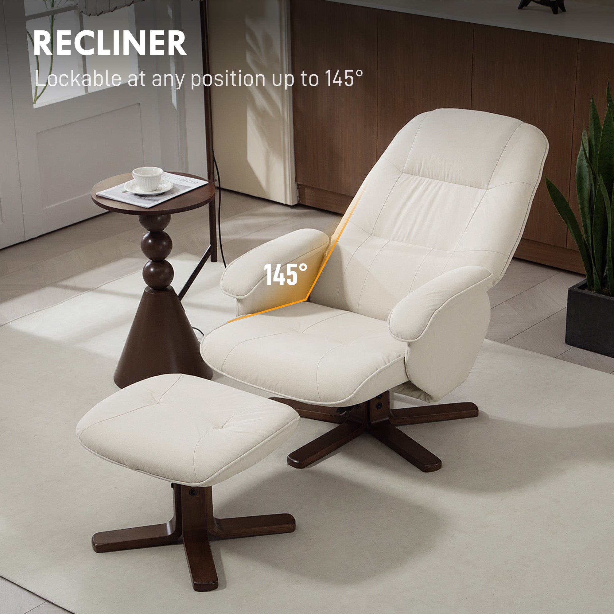 Fynco - Linen Swivel Recliner Chair with Footstool, Upholstered Reclining Armchair with Wooden Base for Living Room, Beige