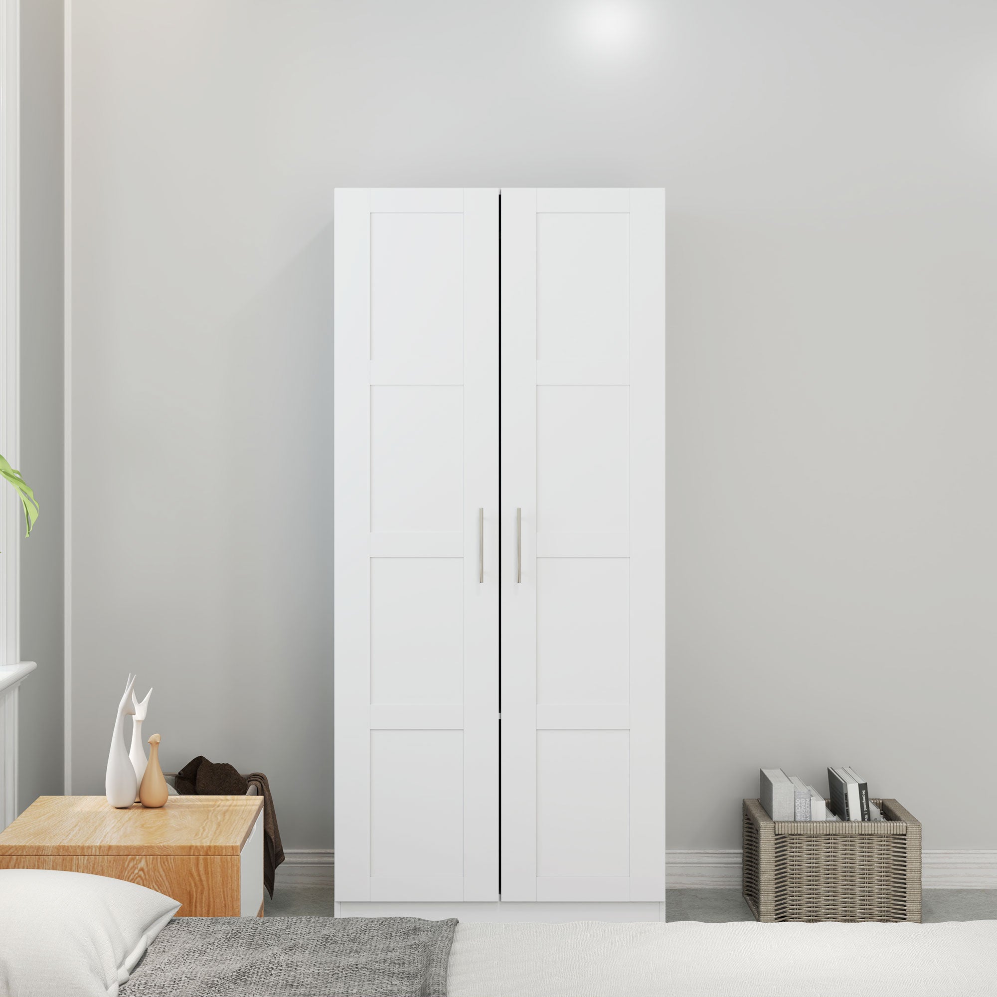 Double Paneled Door Wardrobe, with Shelves - White