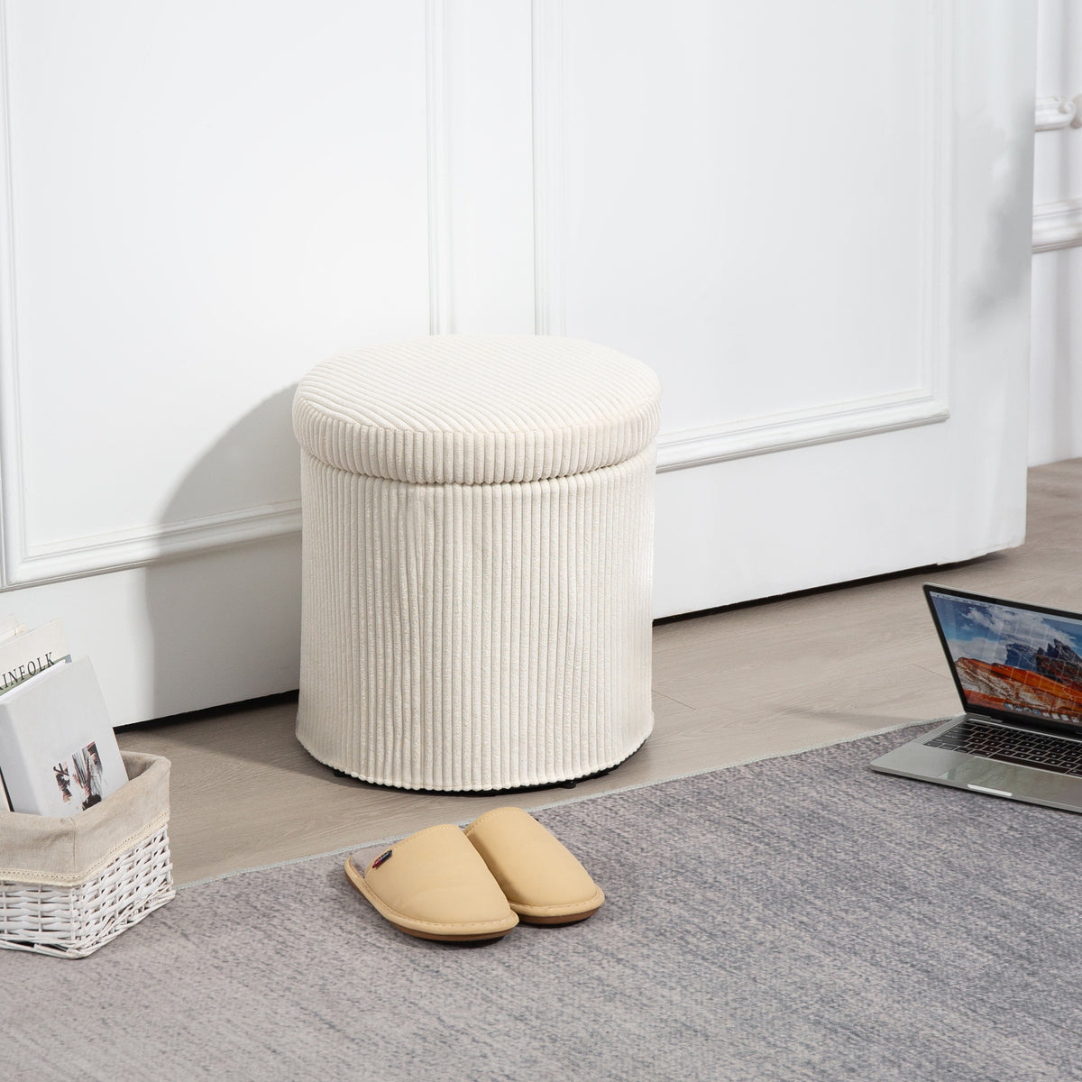 40cm Round Storage Ottoman, Corduroy Footstool with Removable Lid and Legs, Vanity Stool for Living Room, Bedroom, Beige