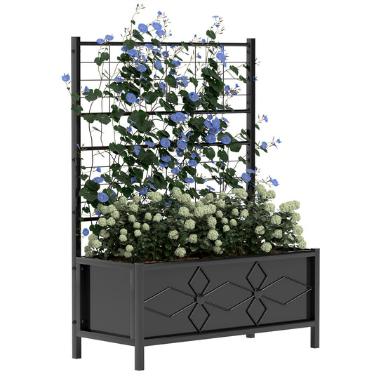 Fynco - Raised Bed for Garden with Trellis, Galvanised Planter Box with Diamond Pattern, Drainage Holes for Vegetables, Herbs and Flowers, 90 x 40 x 120 cm, Black