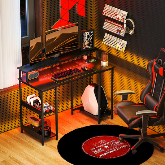 Fynco - LED Computer Desk, with Power Outlets and Shelves - Carbon Fibre Grey