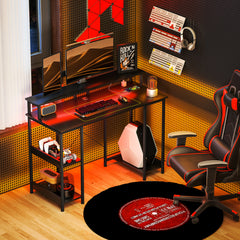 Fynco - LED Computer Desk, with Power Outlets and Shelves - Carbon Fibre Grey