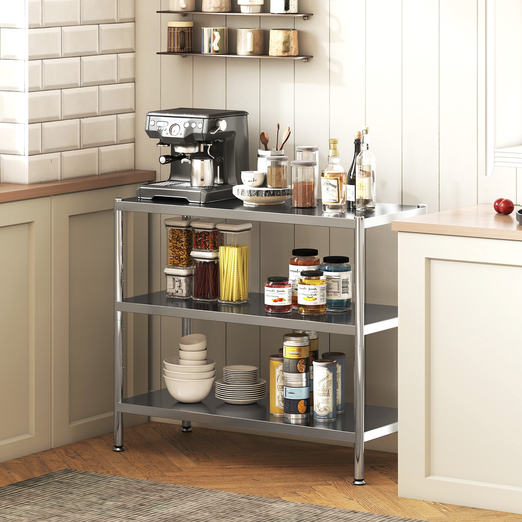 Fynco - 3-Tier Bakers Rack with Storage, Stainless Steel Microwave Stand with Adjustable Shelves for Small Spaces, Kitchen Storage Unit for Spices, Pots and Pans, Silver Tone
