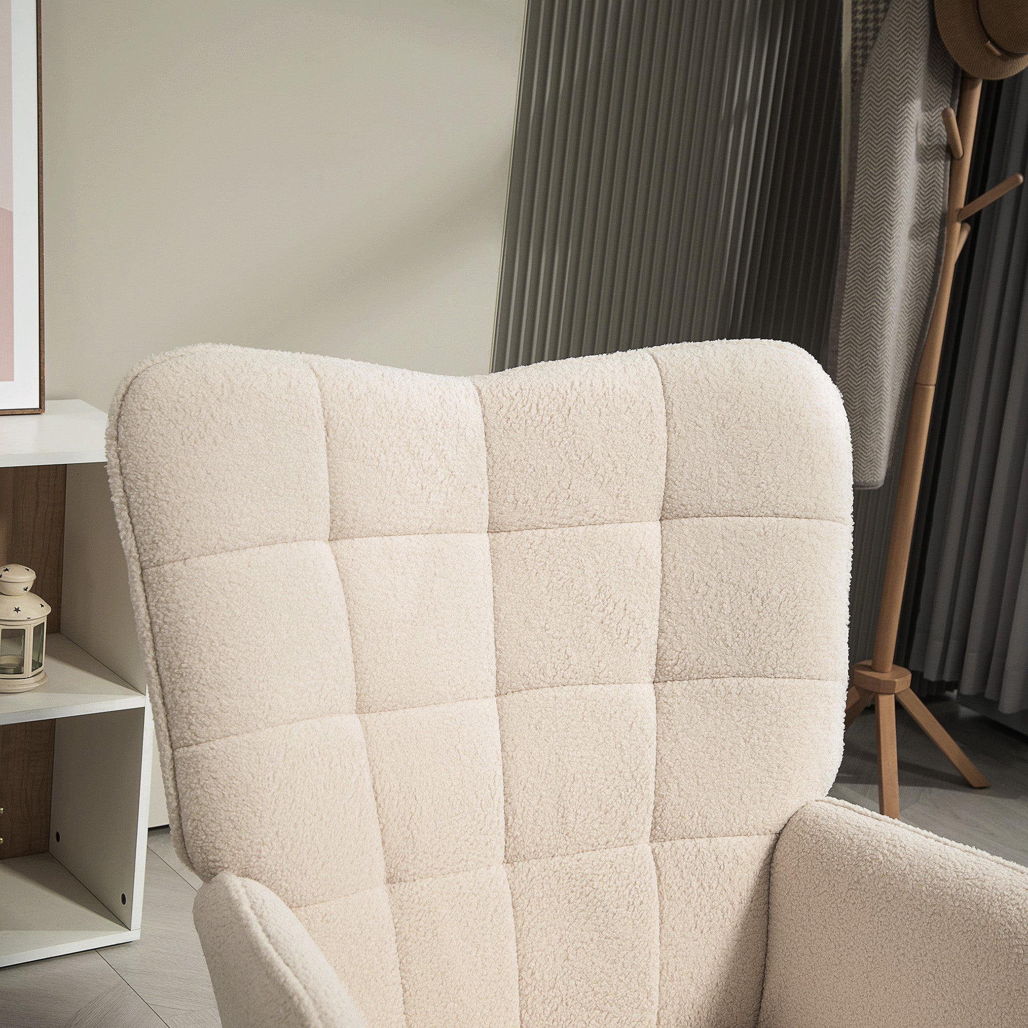 Modern Accent Chair, Upholstered Tufted Wingback Armchair with Seat Padding, Teddy Fleece Leisure Lounge Bedroom Chair with Wood Legs, Cream White