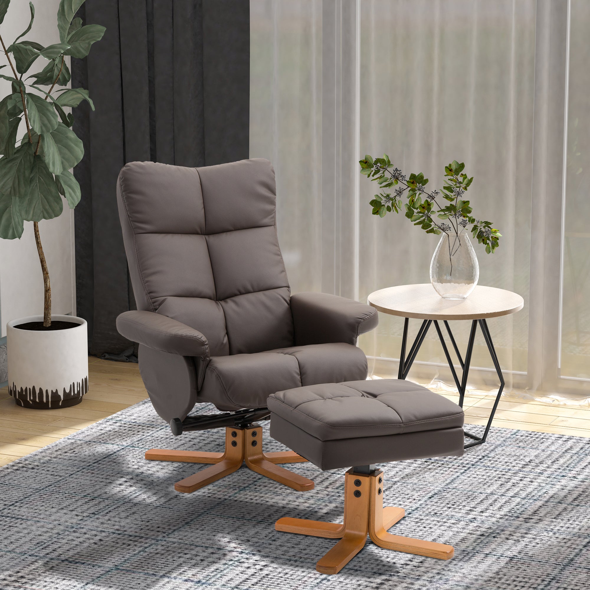 Recliner Armchair, Swivel Reclining Chair With Ottoman, Swivel Faux Leather Chair with Wooden Base and Storage Footstool for Living Room, Brown