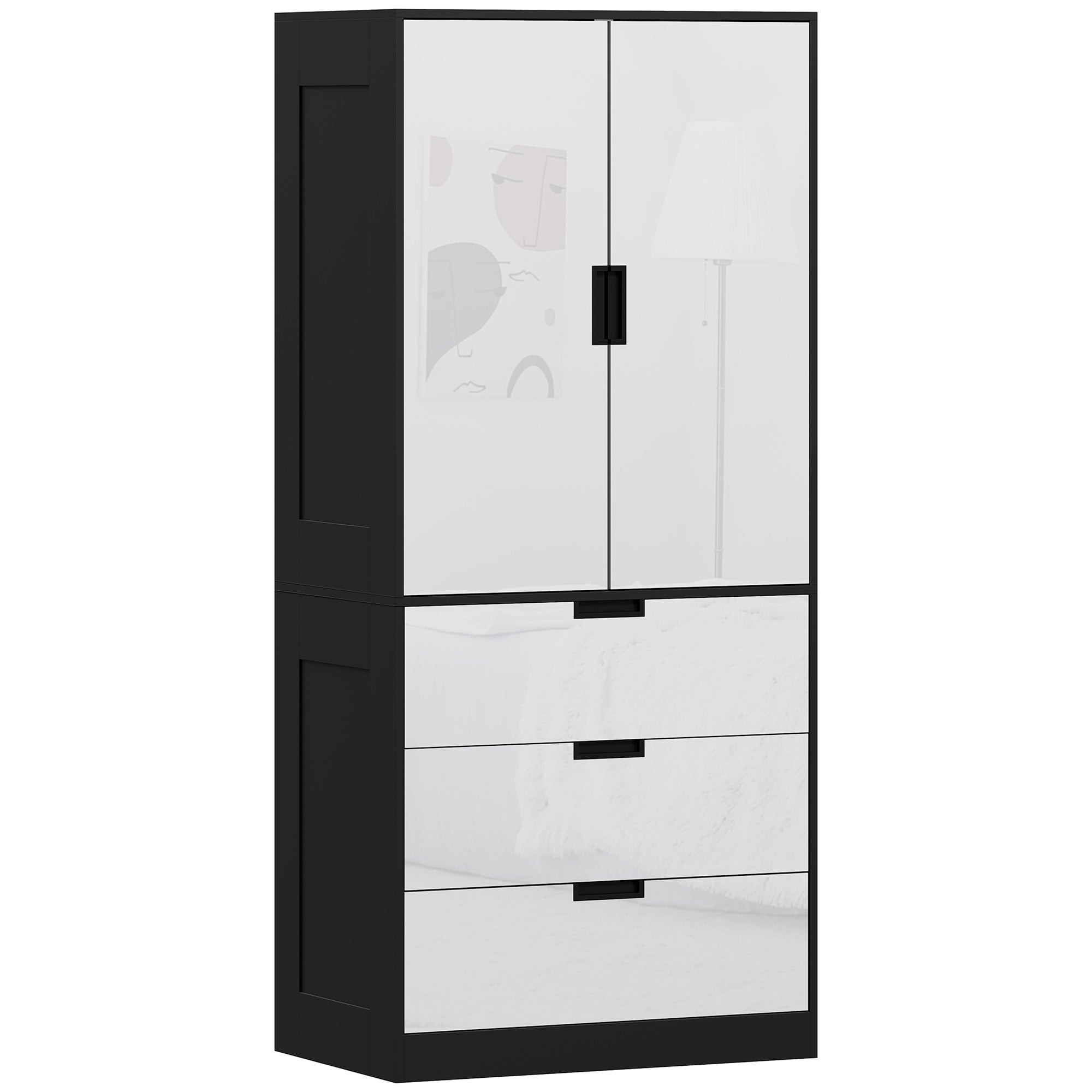 2 Door Wardrobe, Modern Wardrobe with 3 Drawers and Hanging Rod for Bedroom, High Gloss White