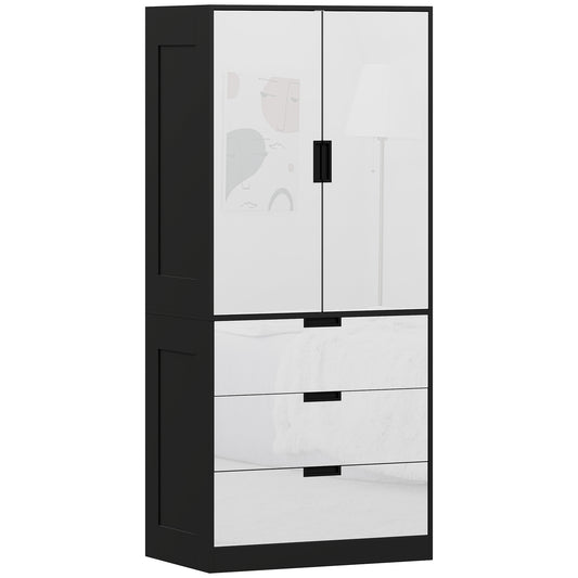 2 Door Wardrobe, Modern Wardrobe with 3 Drawers and Hanging Rod for Bedroom, High Gloss White