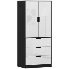 2 Door Wardrobe, Modern Wardrobe with 3 Drawers and Hanging Rod for Bedroom, High Gloss White