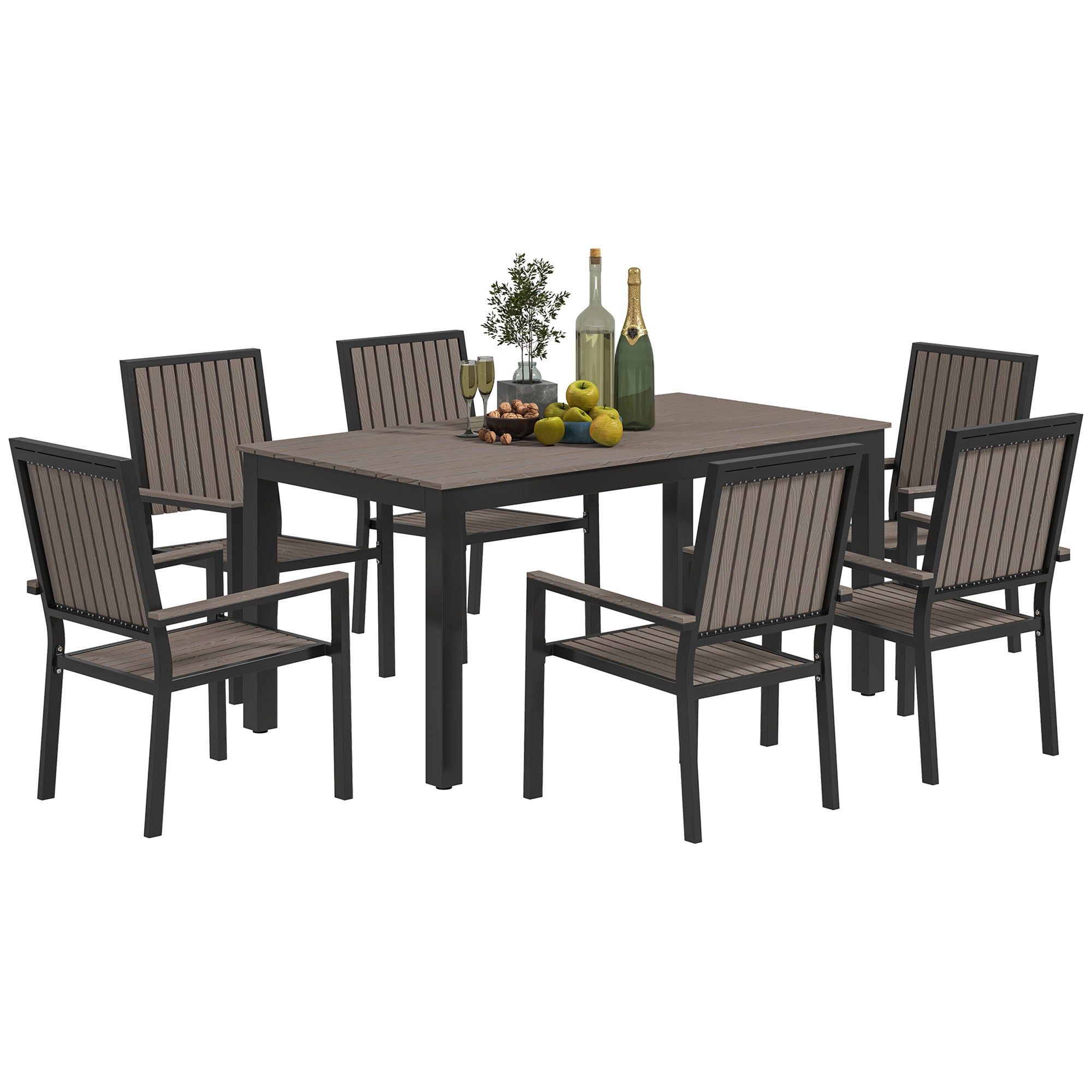 6 Seater Garden Dining Set with Stackable Chairs, Aluminium Frame, Rectangular Plastic Top, Garden Furniture Set, Outdoor Dining Table and Chairs for Patio, Balcony, Poolside, Brown