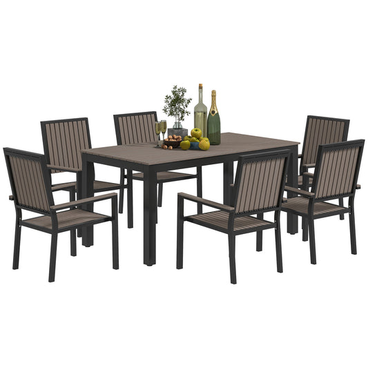 6 Seater Garden Dining Set with Stackable Chairs, Aluminium Frame, Rectangular Plastic Top, Garden Furniture Set, Outdoor Dining Table and Chairs for Patio, Balcony, Poolside, Brown