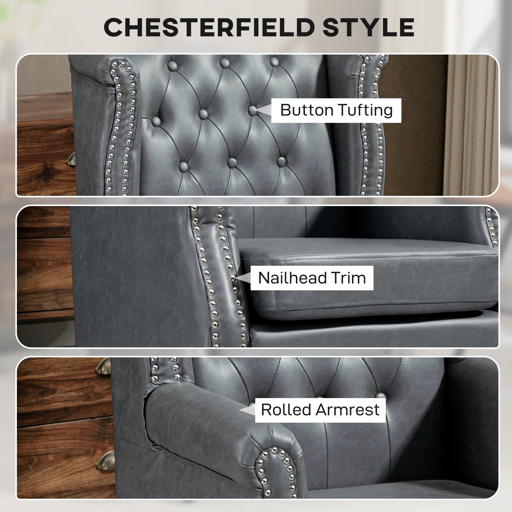 Fynco - Wingback Accent Chair Tufted Chesterfield-style Armchair with Nail Head Trim for Living Room Bedroom Grey