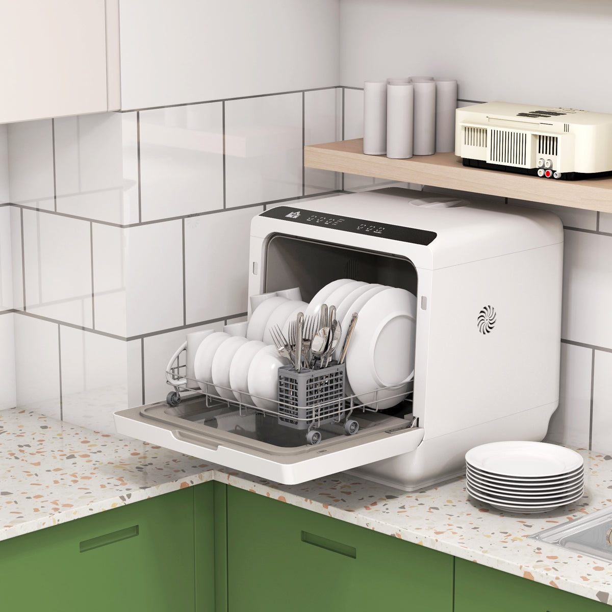 Table Top Dishwasher with Built-in 6L Water Tank, Mini Countertop Dishwasher with 6 Programs, 4 Place Settings, Black