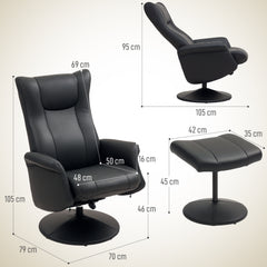 Swivel Recliner Chair with Footstool, PU Leather Recliner Armchair with Adjustable Back and Steel Frame, Reclining Chair Lounge with Flared Armrests for Living Room, Black