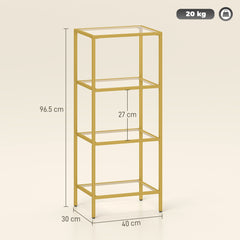 Fynco - 4-Tier Shelving Unit, Glass Shelf, Vertical Storage Shelf for Living Room, Home Office, Bedroom, Bathroom, Gold Tone