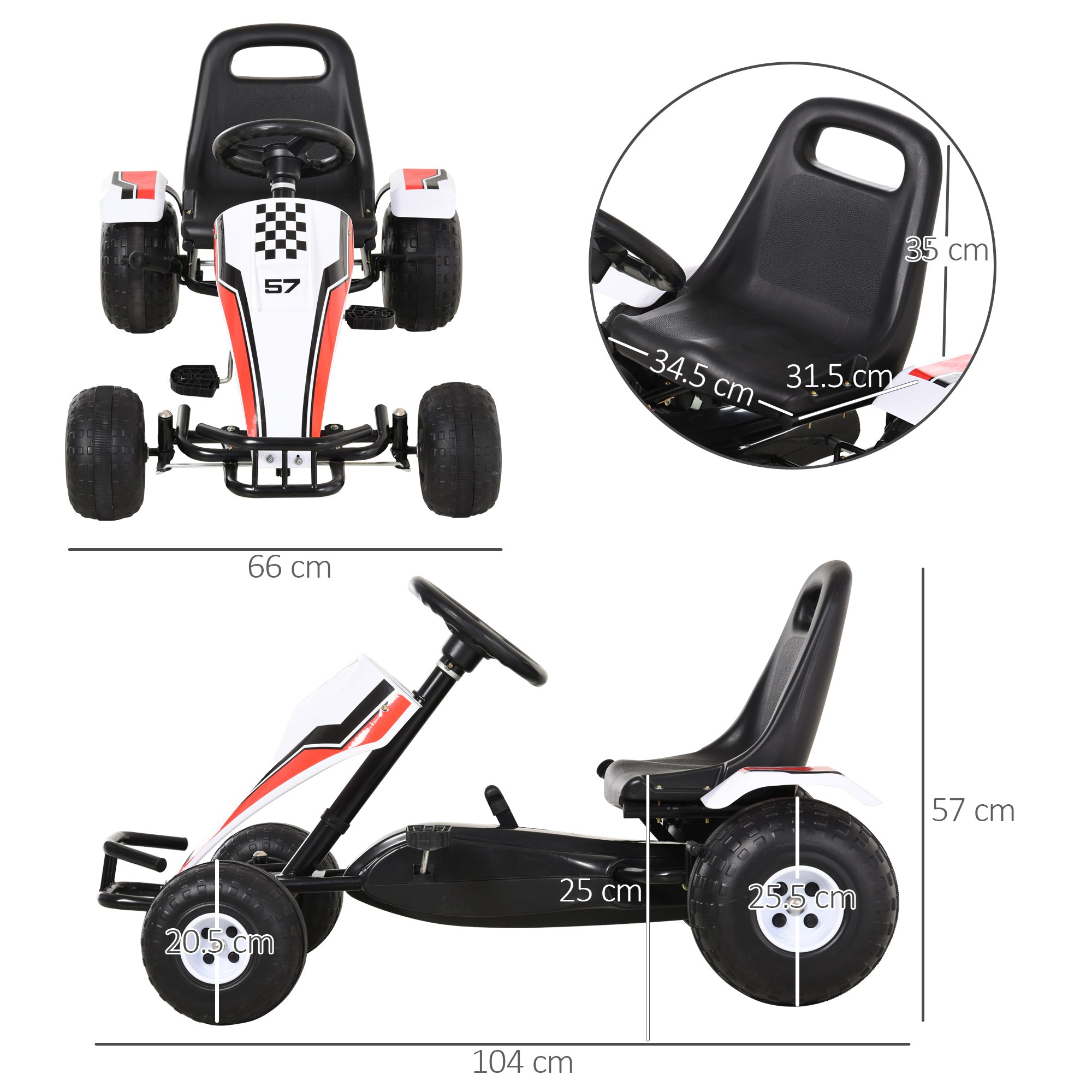 Kids Children Pedal Go Kart Manual Ride On Car w/ Brake Gears Steering Wheel Adjustable Seat 4 Smooth Wheels Racing-Style White 104 x 66 x 57 cm