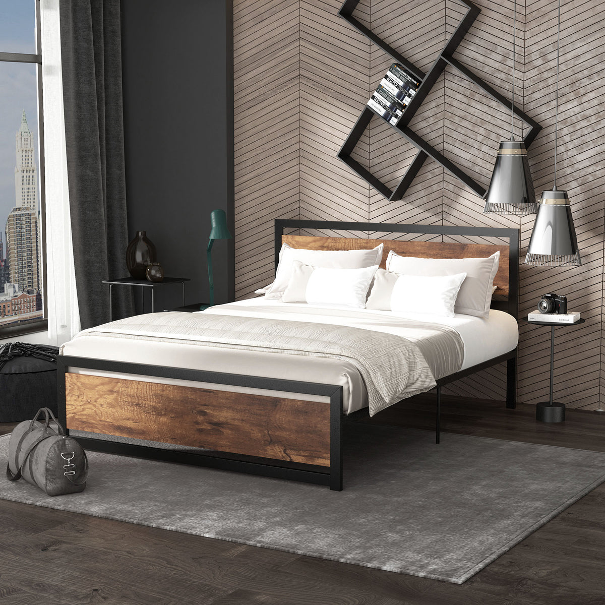 King Size Metal Bed Frame with Headboard & Footboard, Strong Slat Support Full Bed Frame w/ Underbed Storage Space, Bedroom Furniture For Adults