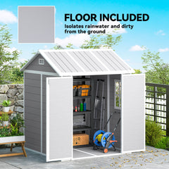 Fynco - 6 x 6ft Garden Shed with Floor, Window, Lockable Doors and Vents, Wood Effect Resin Tool Shed for Outdoor Patio, Grey