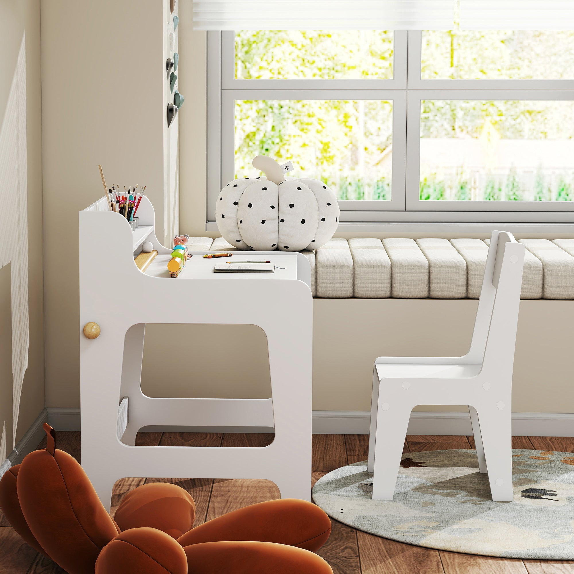 AIYAPLAY Art Table and Chair Set for children, Kids Art Desk and Chair Set with Storage Shelf and Drawers