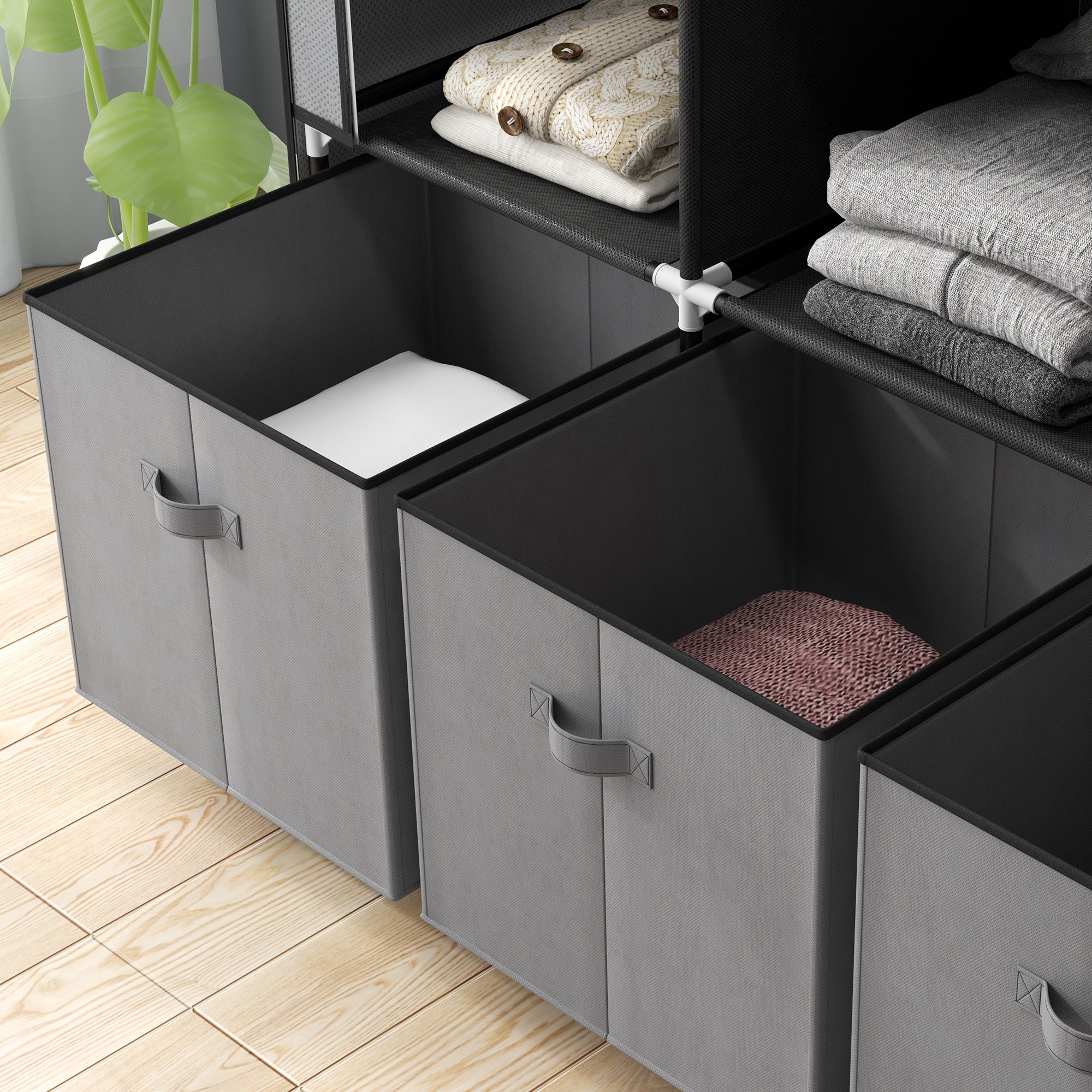 Fabric Wardrobe for Bedroom, Portable Wardrobe with 5 Shelves, 2 Hanging Rails and 3 Fabric Drawers, Foldable Closet, 125 x 43 x 162.5cm, Dark Grey