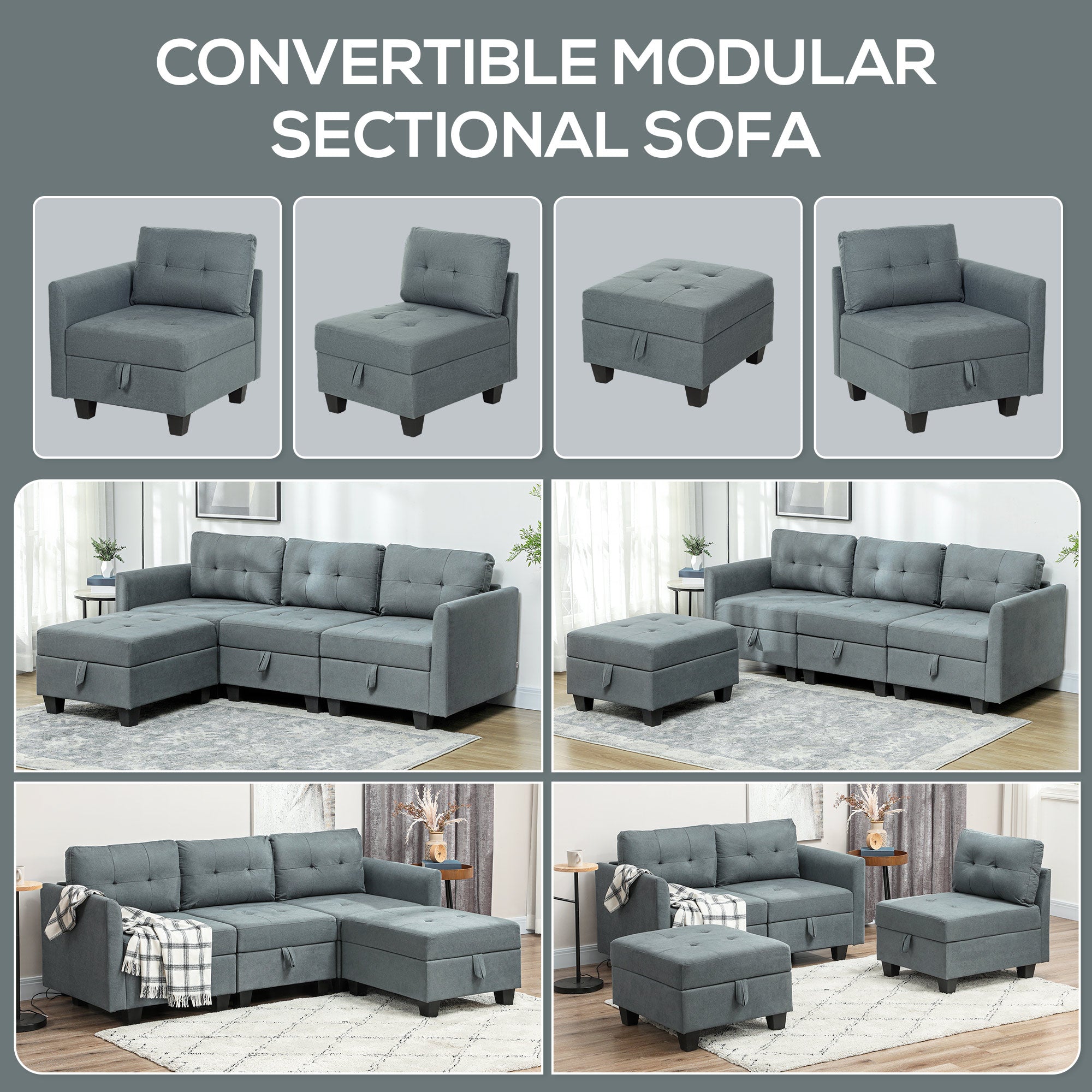 L' Shape Modular Sofa, with Storage - Dark Grey