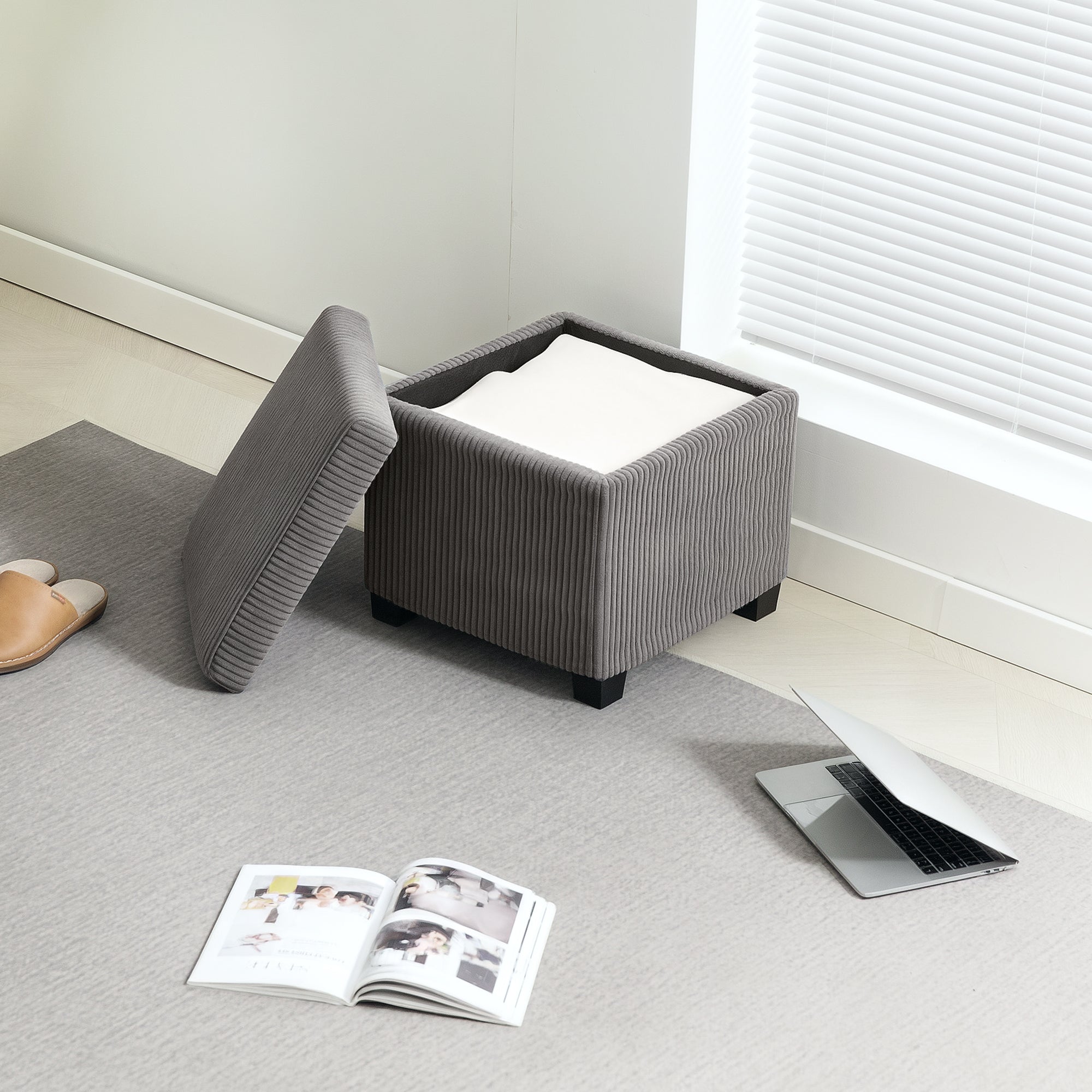 Storage Ottoman Bench, Corduroy Footstool with Removable Lid and Legs, 40cm Storage Chest Box for Living Room, Bedroom, Hallway, Grey