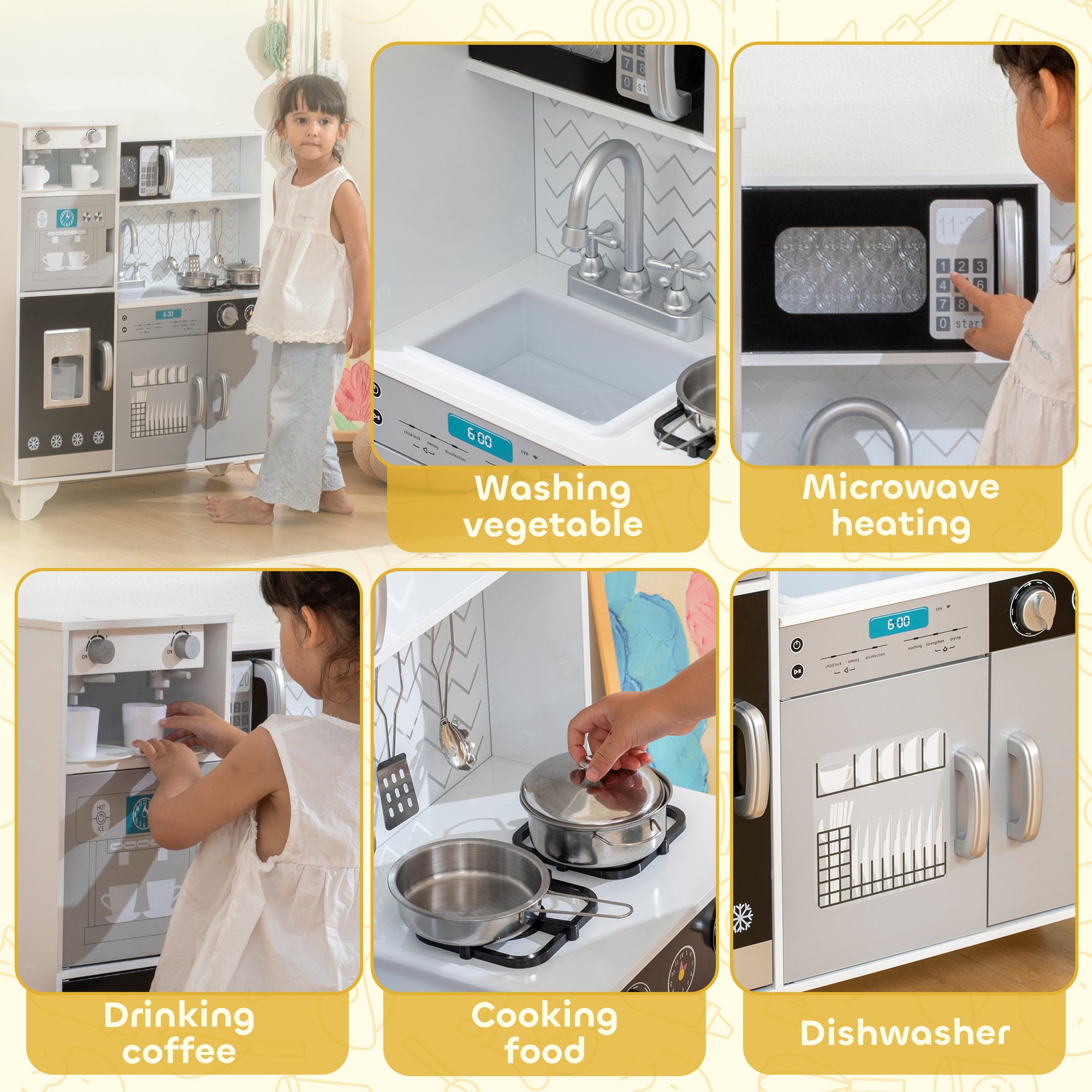 AIYAPLAY Kids Play Kitchen with Sound, Ice/Coffee Maker, Utensils, Microwave, Stainless Steel Utensils, for 3-6 Years