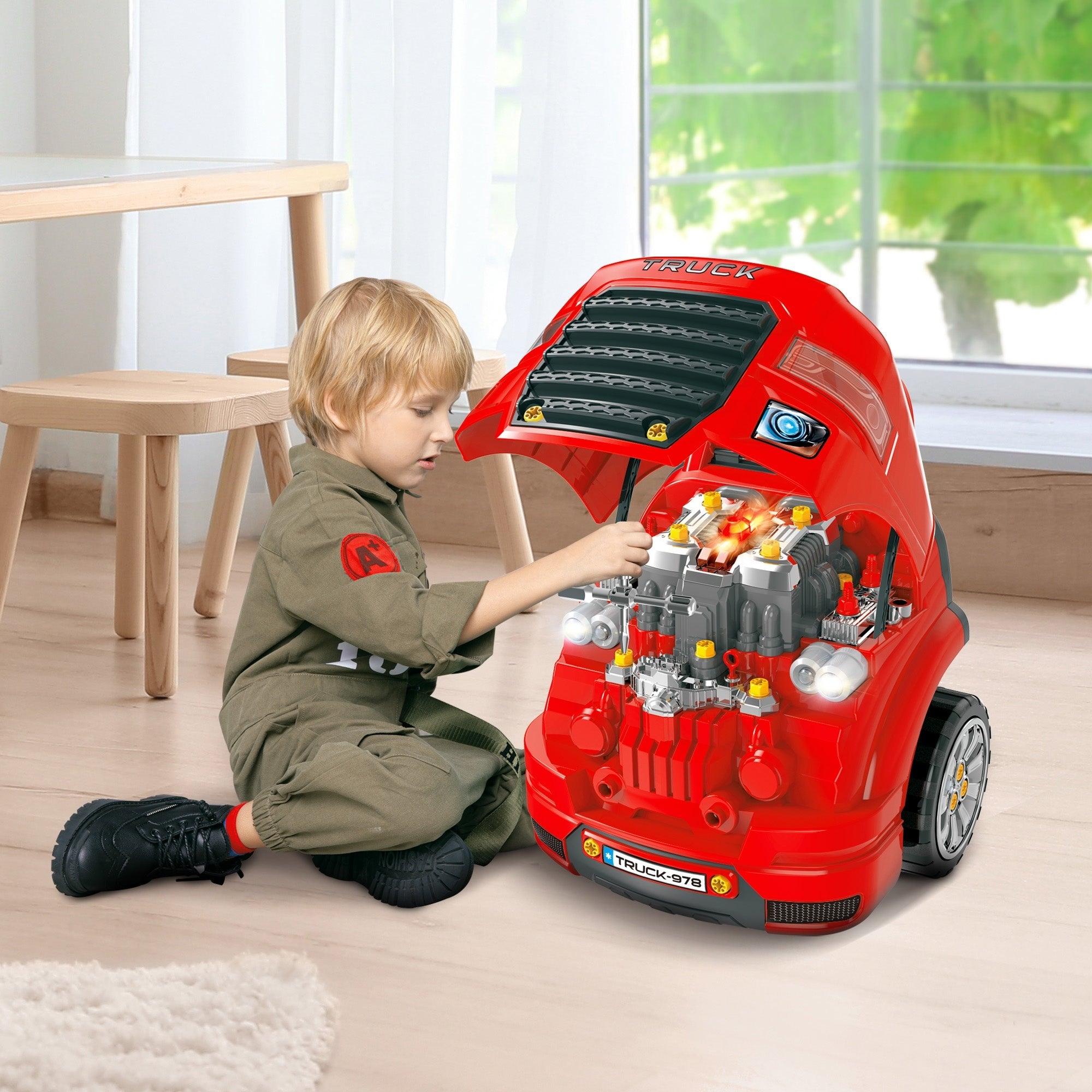 Kids Truck Engine Toy Set, Toddler Educational Car Service Station Playset, Take Apart Workshop, w/ RC Car Key, Steering wheel, Horn, Light, for 3-5 Years Old Red