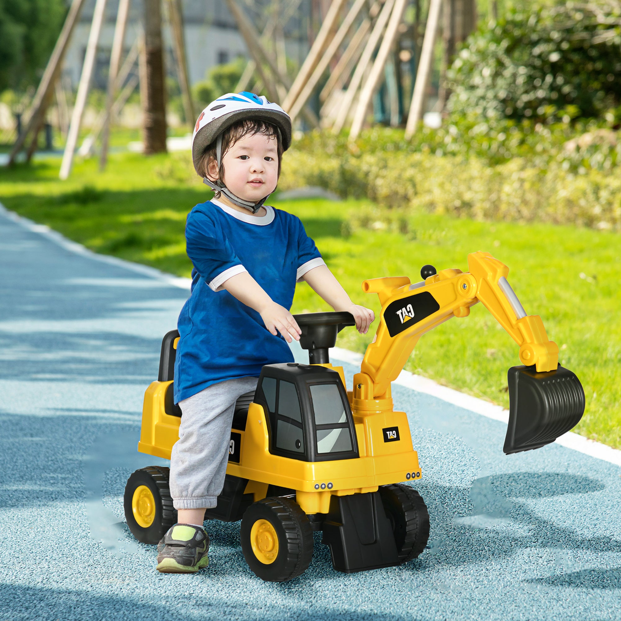 CAT Licensed Kids Ride on Digger Toddler Pretend Construction Play Toy Foot-To-Floor Ride-On Toy w/ Manual Shovel, Horn, Hidden Storage, for Ages 1-3 Years