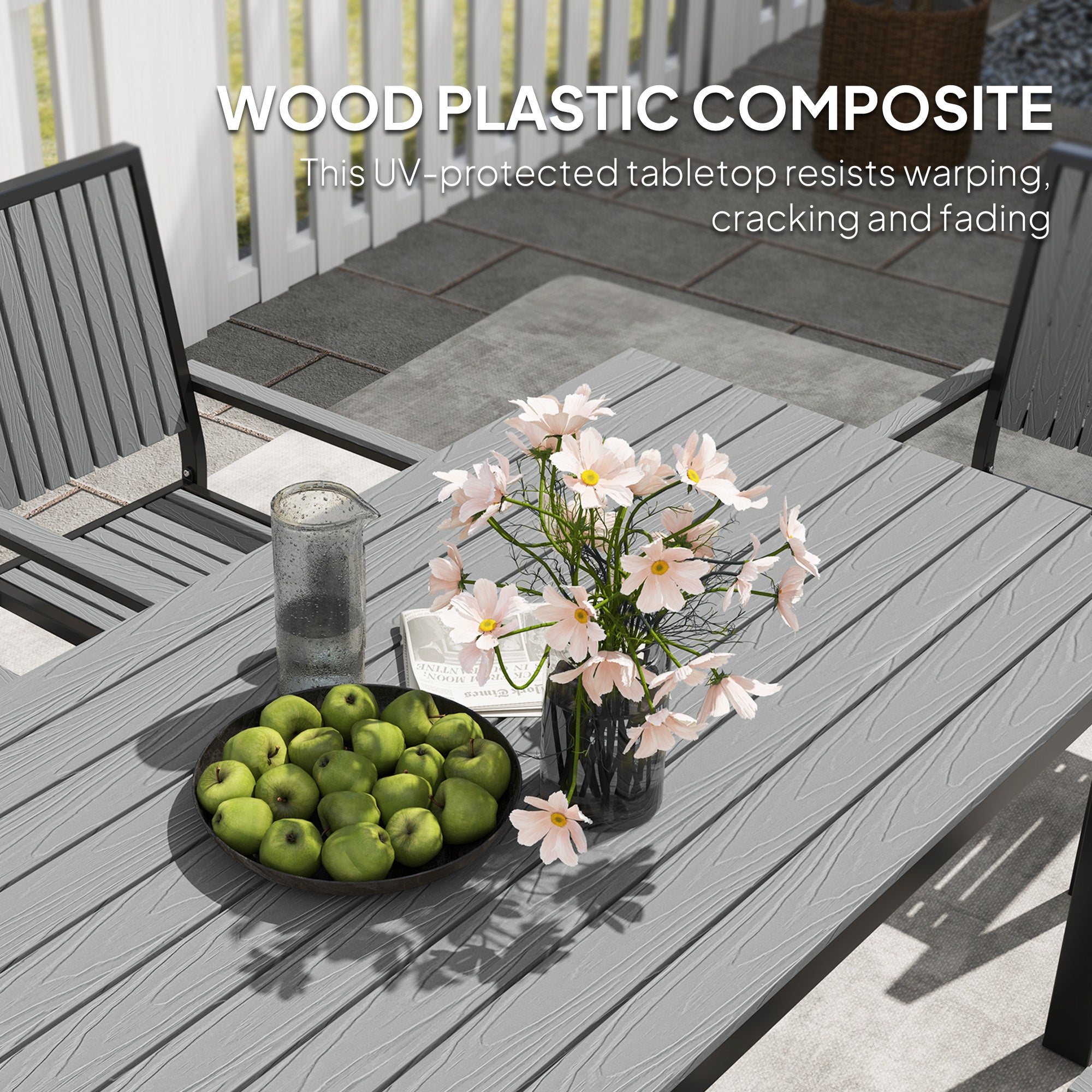 6 Seater Garden Dining Set with Stackable Chairs, Aluminium Frame, Rectangular Plastic Top, Garden Furniture Set, Outdoor Dining Table and Chairs for Patio, Balcony, Poolside, Grey