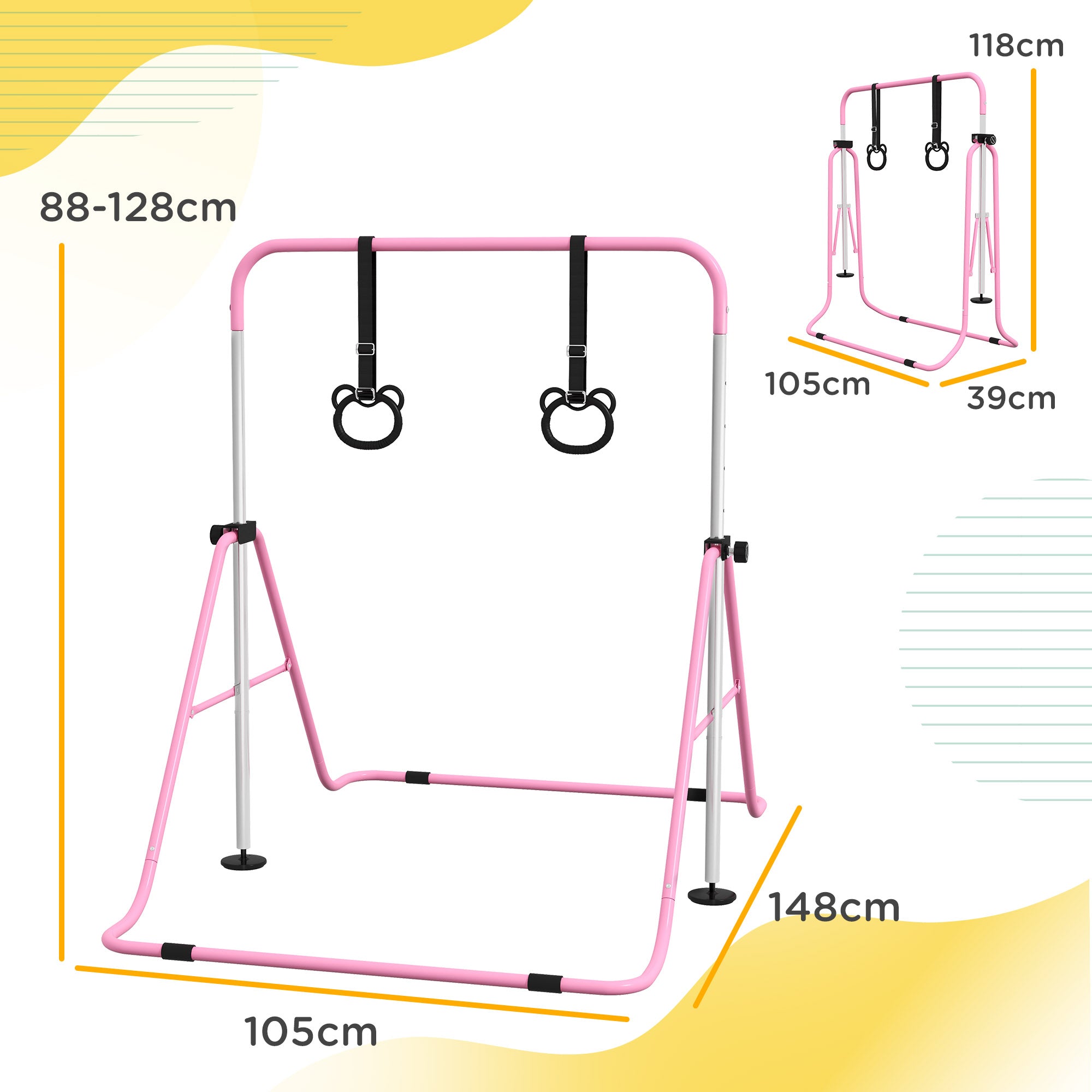 Adjustable Height, Foldable Kids Gymnastics Bar w/ Non-slip Rubber Floor Rings, for 3+ Years, Pink