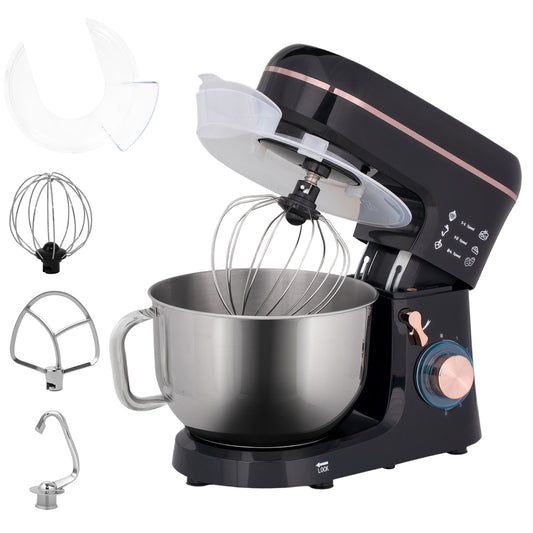 Stand Mixer, 5L Food Mixer for Baking, 6 Speeds and Pulse Setting, 1400W Cake Electric Kitchen Mixer with Dough Hook, Whisk, Stainless Steel Bowl, Splash Guard, Beater, Black