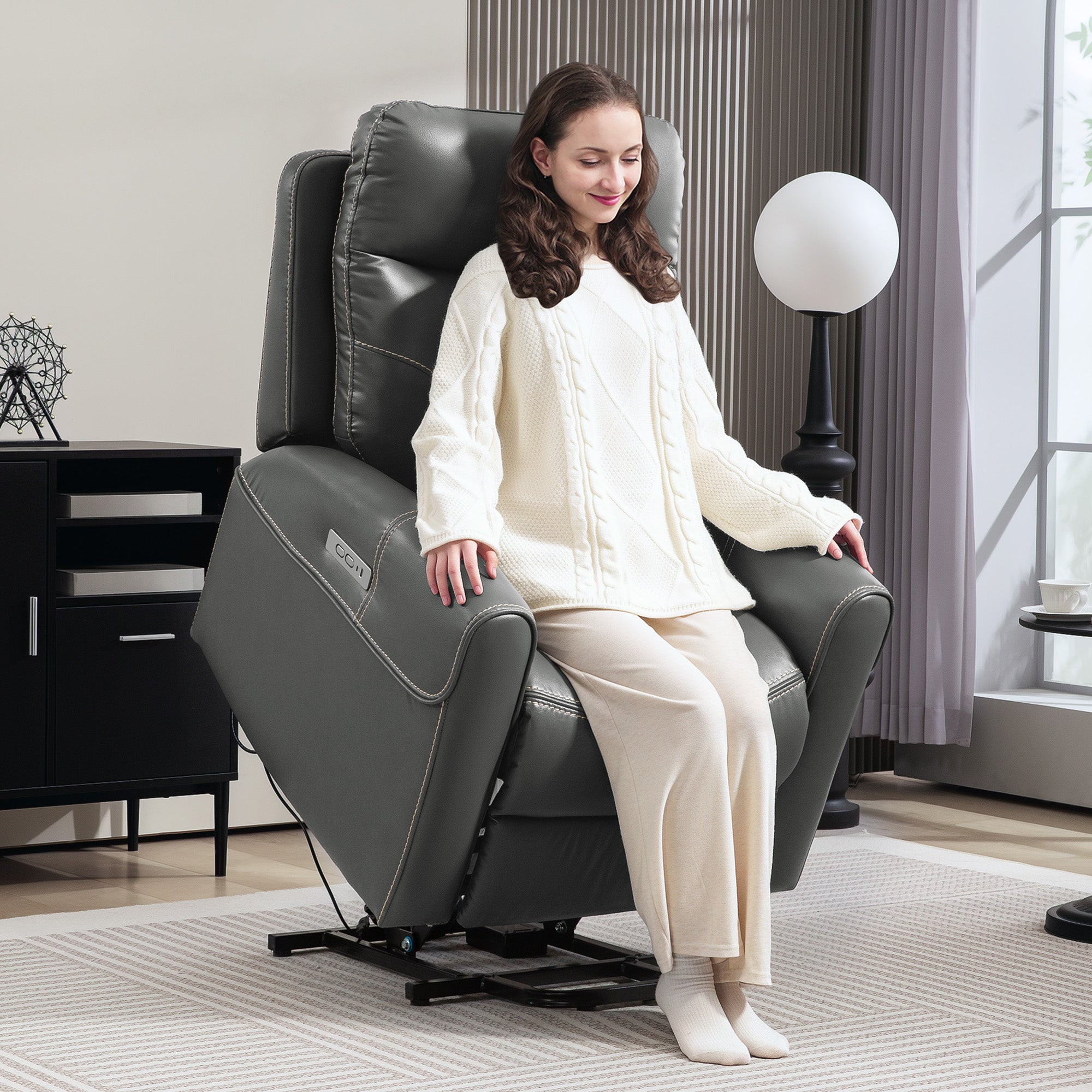 Power Lift Recliner Chair for Elderly, Overstuffed Faux Leather Riser and Reclining Chair with USB A+C Ports, Remote Control, Recliner Armchair for Living Room, Charcoal Grey