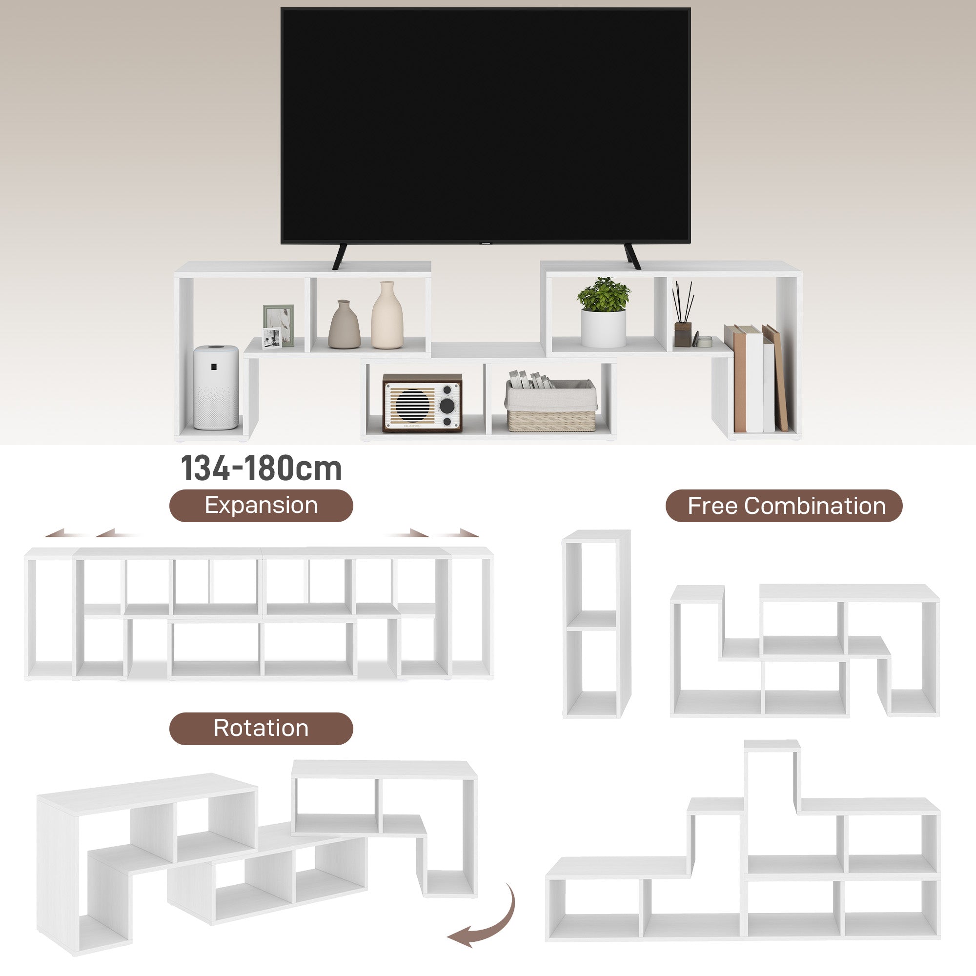 TV Stand for TVs up to 75 Inches, Free Combination TV Unit with Storage Shelves, Extendable Entertainment Centre for Living Room, White Wood Grain