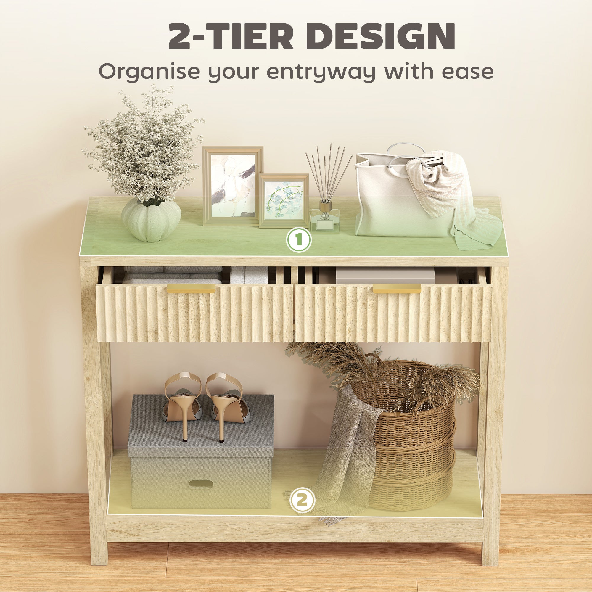 Fynco - Modern Console Table with Fluted Panel Drawers, Narrow Hallway Table with Shelf for Entryway, Living Room, 90 x 30 x 76 cm, Natural Wood Finish