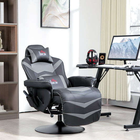 Massage Gaming Chair, Swivel Racing Video Gaming Recliner with Retractable Footrest, Headrest, Cup Holders and Side Pockets, Ergonomic High Back PU Leather Executive Desk Chair, Grey